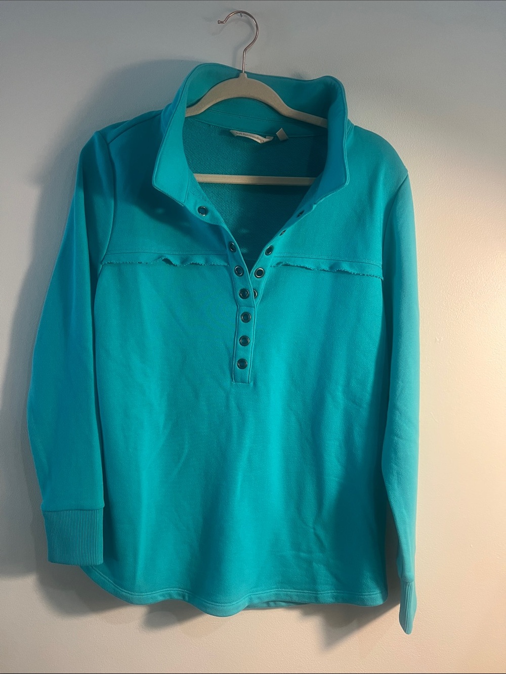 Soft Surroundings Turquoise Snap-Front Turtleneck Pullover